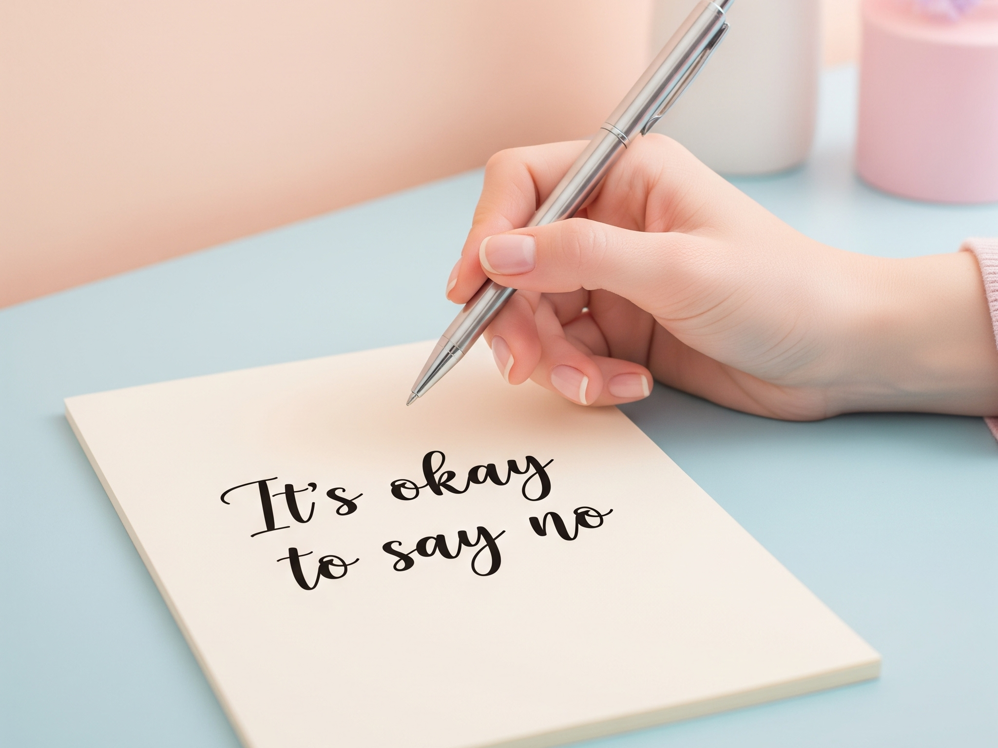 Alt text: Hand writing "it's okay to say no" on a notepad (Image generated by Gemini)